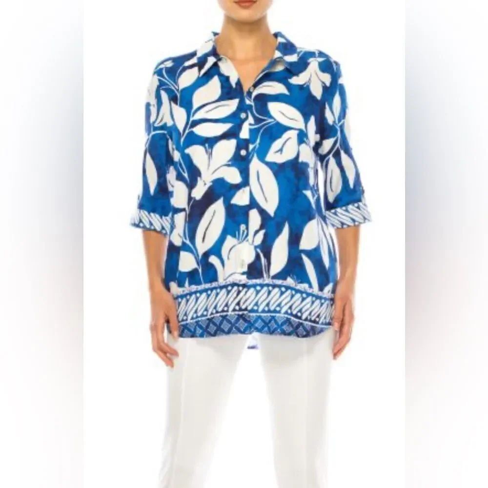 Hester & Orchard Linen Blend Blue Floral Button-Up Shirt Size M